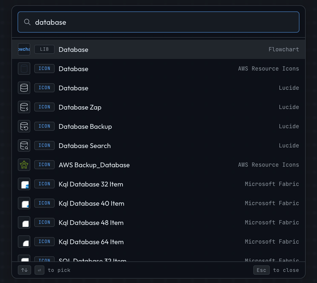 The Vellum command palette searching for “database”