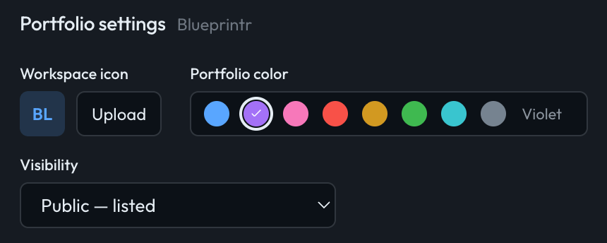 Portfolio settings, with Visibility set to Public